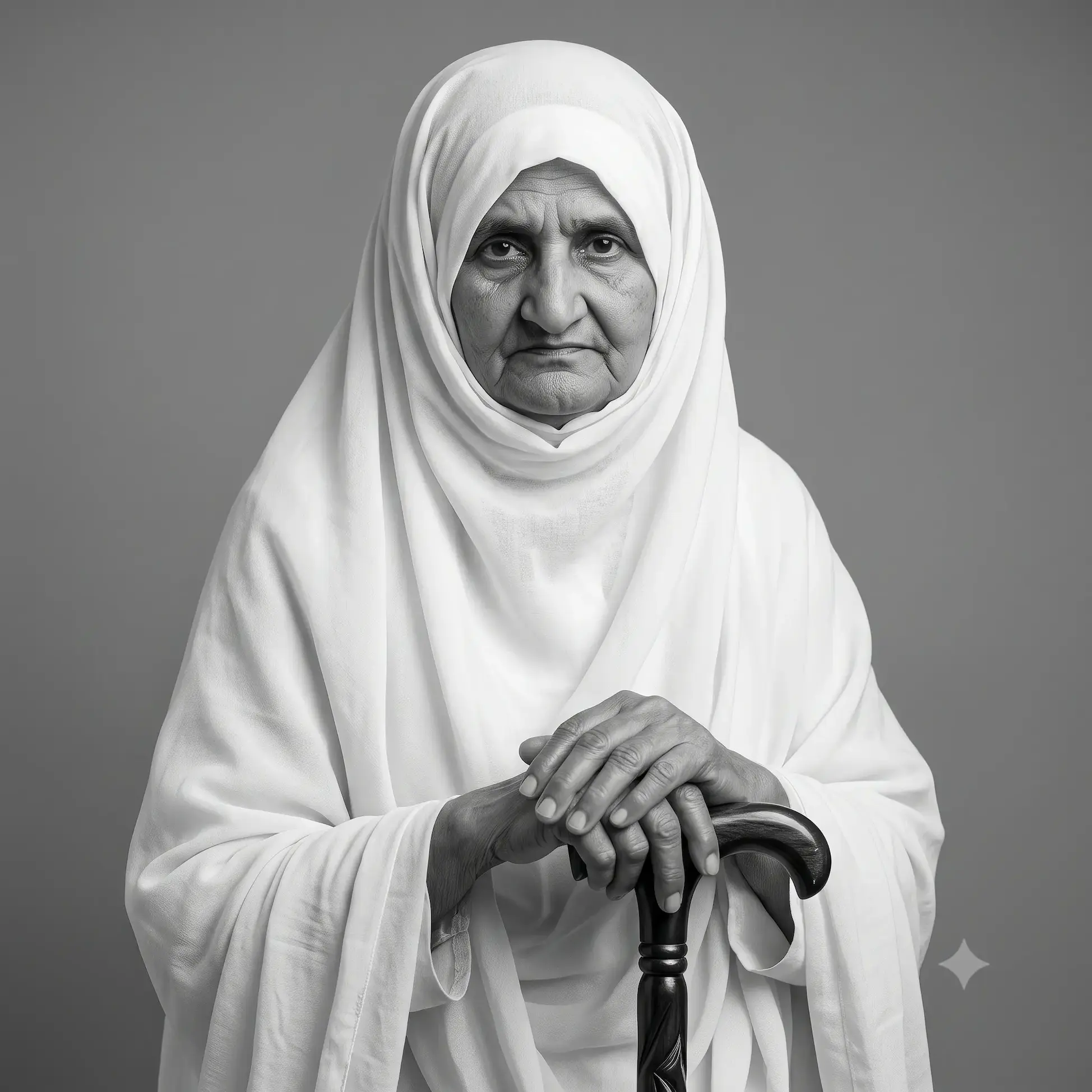 AI-generated impression: Portrait of Abadi Bano Begum as an elderly woman, veiled in a full white covering, both hands resting on the handle of a walking stick, against a plain grey studio background