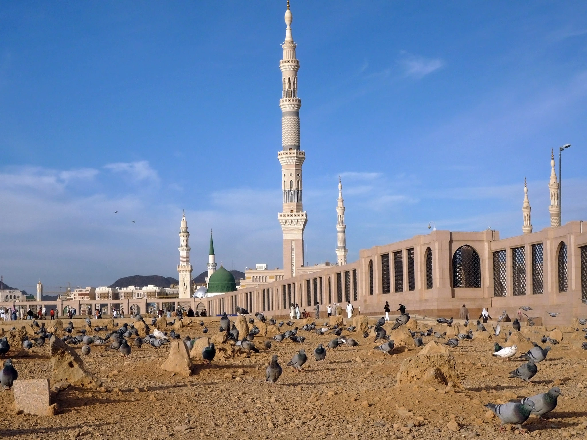 The open stony ground of the Al-Baqi cemetery in Medina, scattered with rough unshaped stones set upright to mark graves and with pigeons feeding across it; beyond runs a long pale sandstone wall pierced by tall arched openings filled with dark lattice screens, with a scattering of distant figures walking along it, and behind that the green dome and the tall patterned minarets of the Prophet's Mosque, the buildings of the city and low dark hills on the horizon