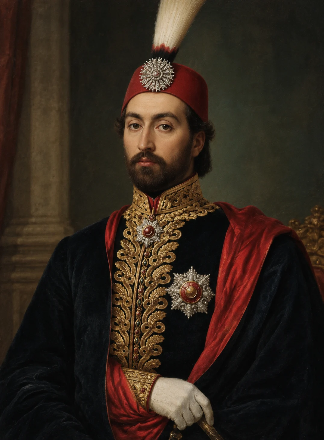 A painted portrait of a bearded man wearing a red fez with a jewelled aigrette, a black robe embroidered in gold with a red sash, and decorations on his chest