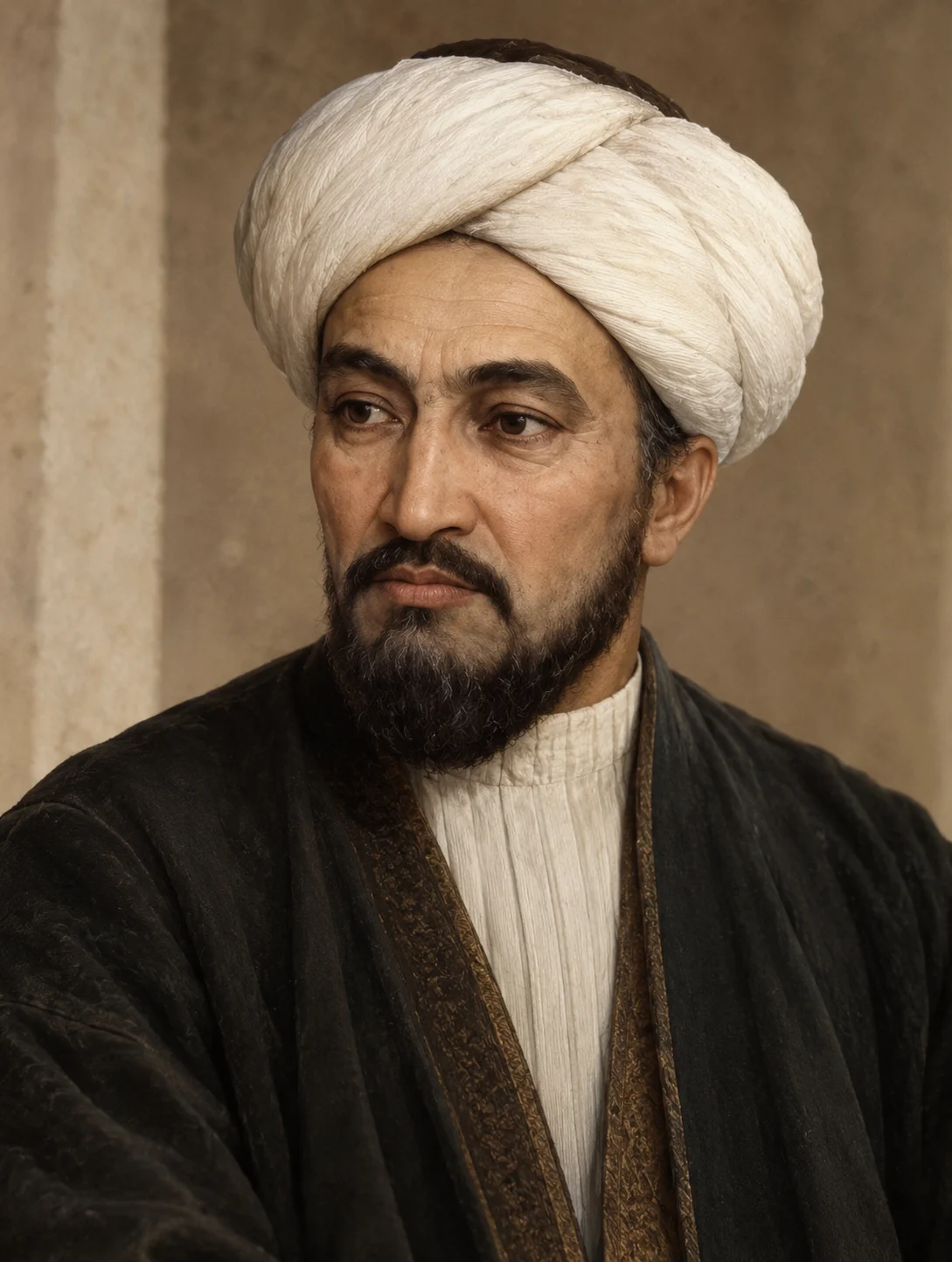 AI-generated impression of a bearded man in a white wound turban and a dark robe over a pale high-collared undergarment, looking to one side against a plain warm-toned wall