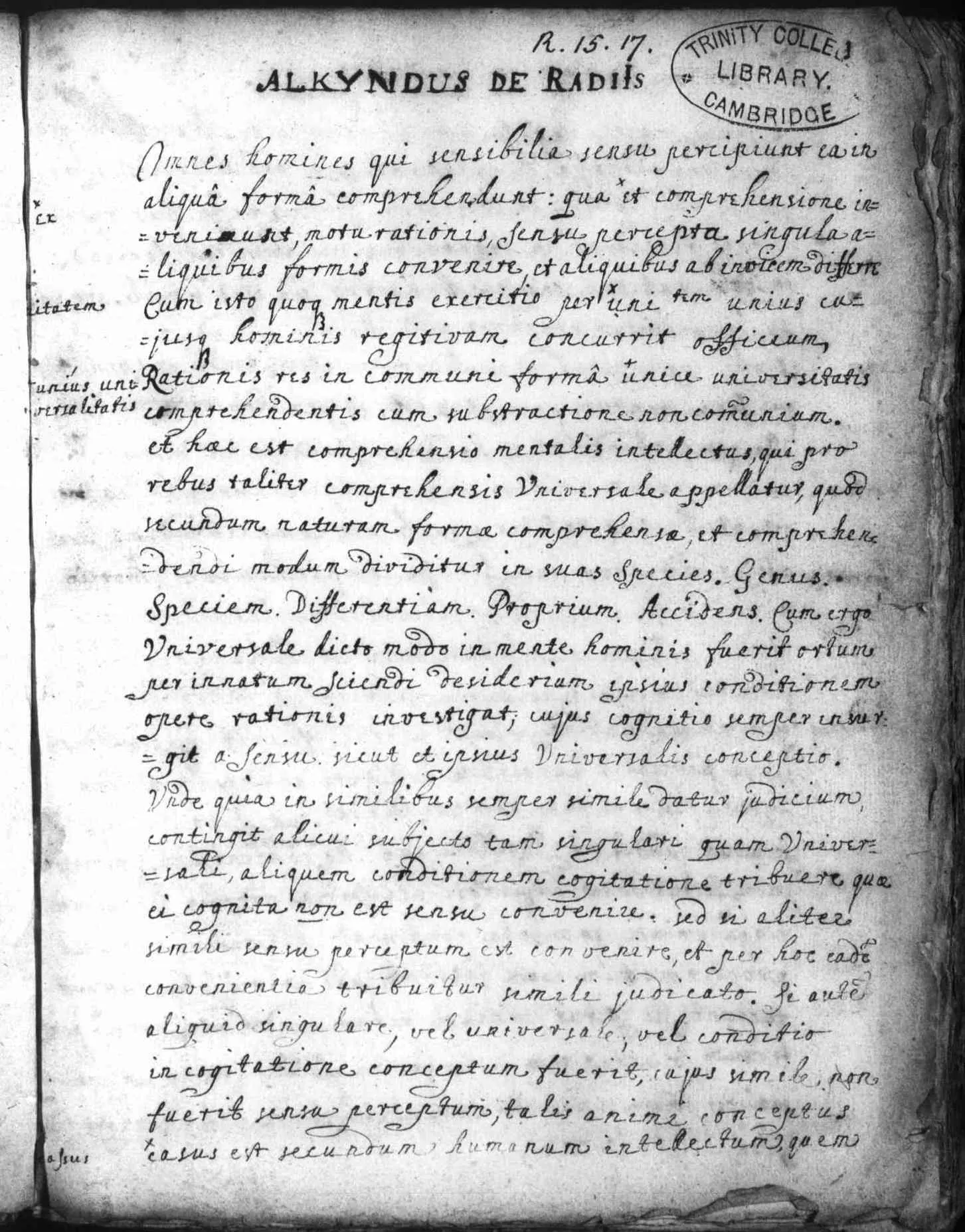 A seventeenth-century manuscript of De radiis by al-Kindi, held at Trinity College Library, Cambridge