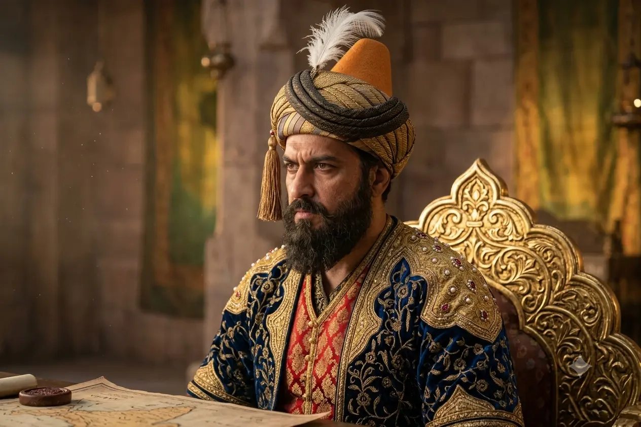 AI-generated impression of a bearded man in a tall gold turban with a tasselled cord and white plume, wearing a blue-and-gold embroidered robe over red, seated on a carved golden throne with a map on the table before him
