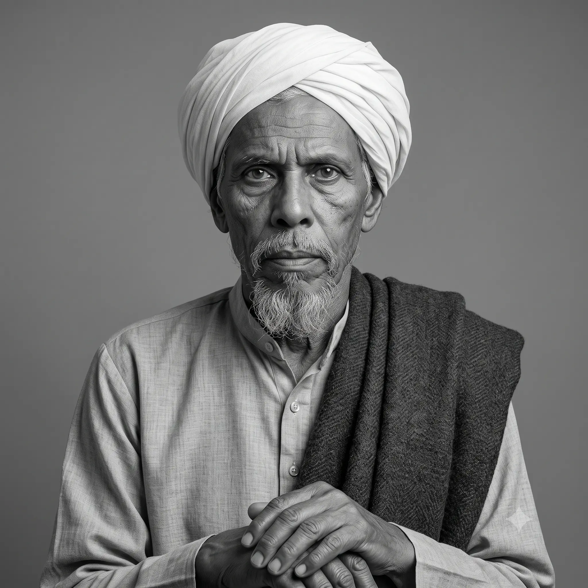 AI-generated impression: Portrait of Ali Musliyar as an elderly man in a white turban and light kurta with a dark shawl over one shoulder, hands clasped, against a plain grey studio background
