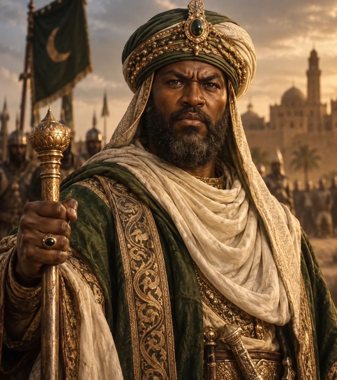 AI-generated impression of Askia Muhammad I, depicted as a West African ruler of the Songhai Empire in sixteenth-century dress