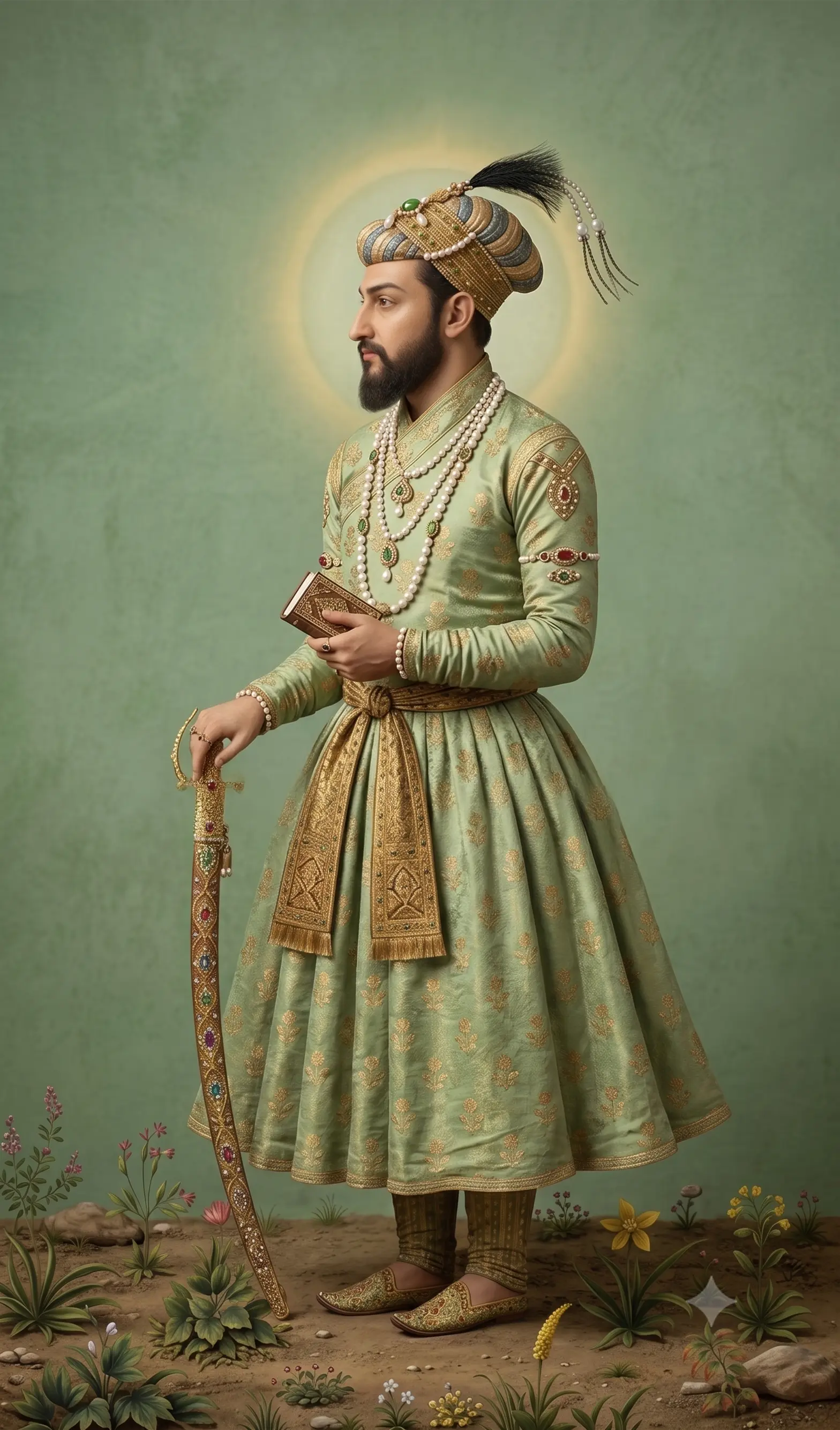 AI-generated impression of a bearded man shown in profile, wearing a jewelled turban with a black plume, a pale-green gold-patterned robe and pearl strands, holding a book and resting a hand on a sheathed sword