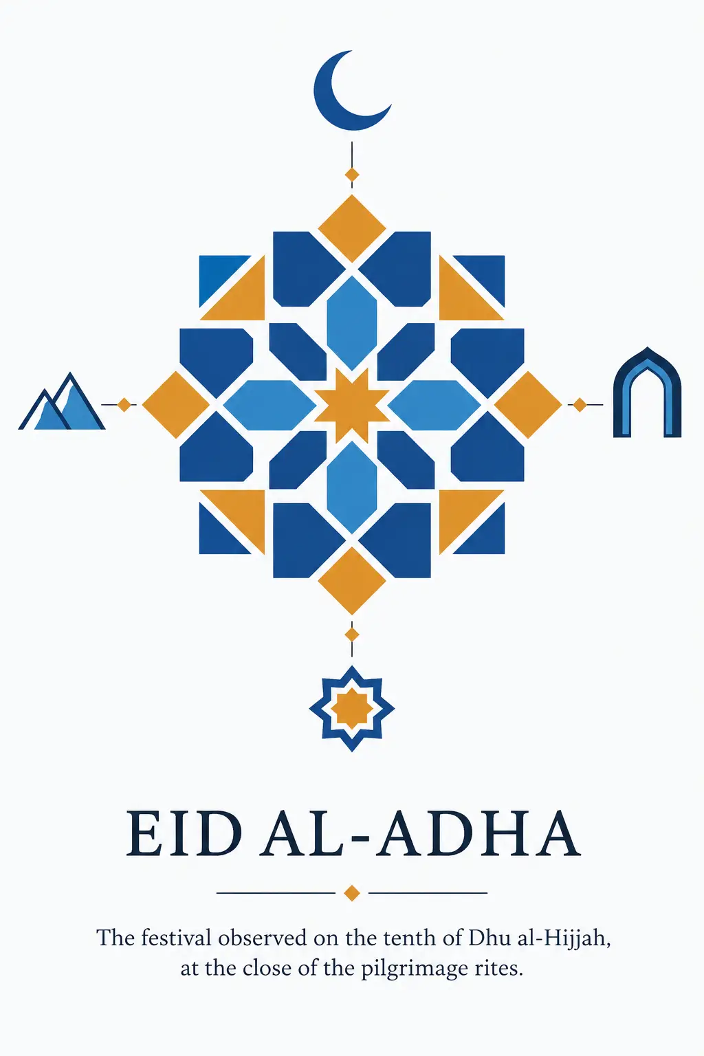 AI-generated impression: A geometric medallion of interlocking blue and amber polygons in the manner of Islamic tilework, with a crescent above, an eight-pointed star below, and small emblems of a mountain outline and an arch to either side