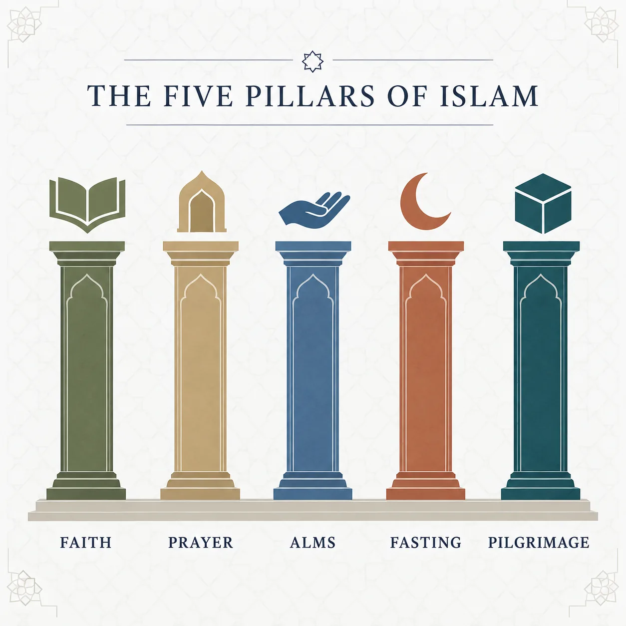 AI-generated impression: A diagram of five columns of equal height standing on a common base, each in a different muted colour and carrying above it a simple emblem — an open book, an arched niche, an open palm, a crescent and a cube — with the words Faith, Prayer, Alms, Fasting and Pilgrimage beneath them in turn