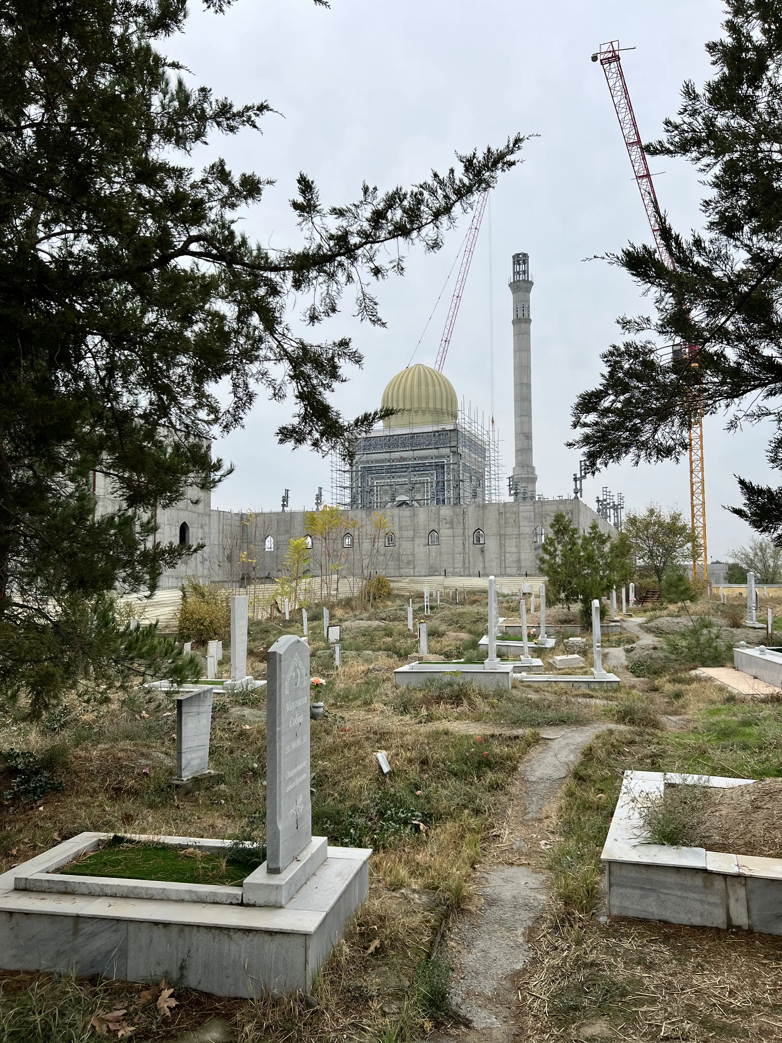 A cemetery of white marble grave enclosures and headstones among pines and scrub, with a large complex under construction beyond: a fluted golden dome on a scaffolded block, a tall slender minaret, a bare concrete perimeter wall pierced by pointed-arch openings, and two construction cranes against an overcast sky