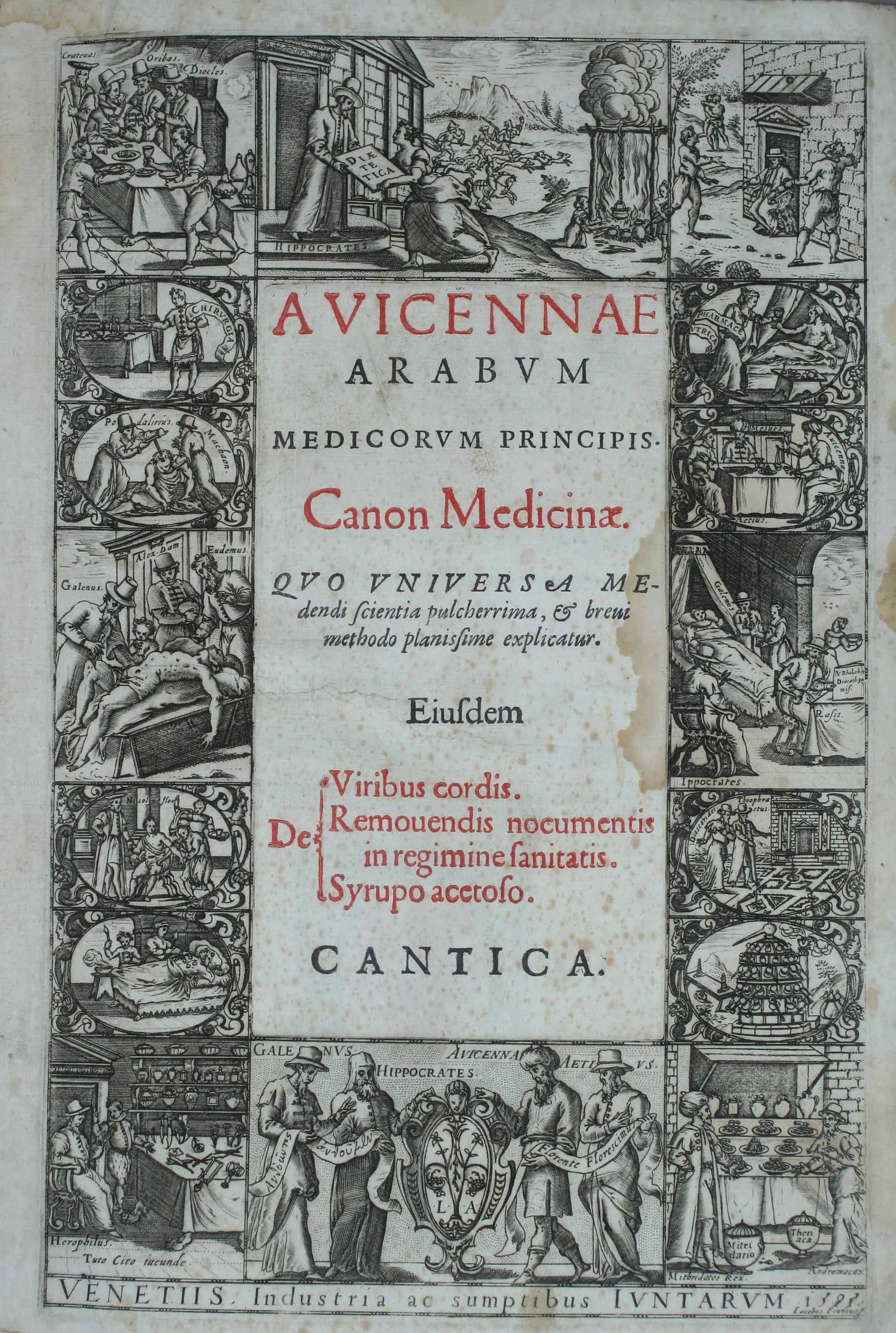 An engraved book title page, foxed and torn at one edge, with the title in red and black Latin capitals in a central panel and a border of small engraved scenes of physicians, patients, apothecaries and pharmacy interiors, each scene captioned with a name