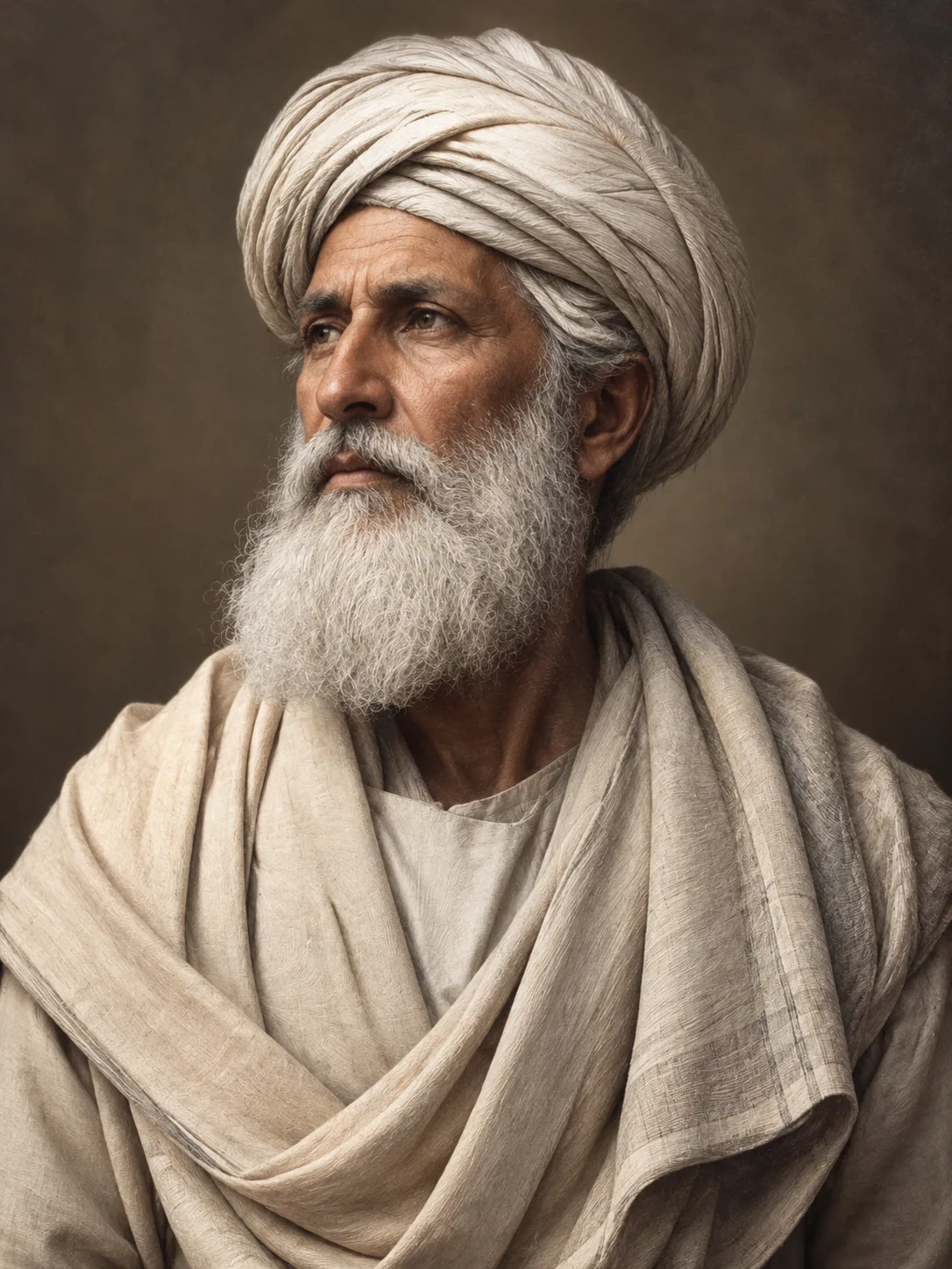 AI-generated impression: An elderly bearded man in a large white turban and draped cream linen robe, turned in three-quarter profile against a plain brown ground
