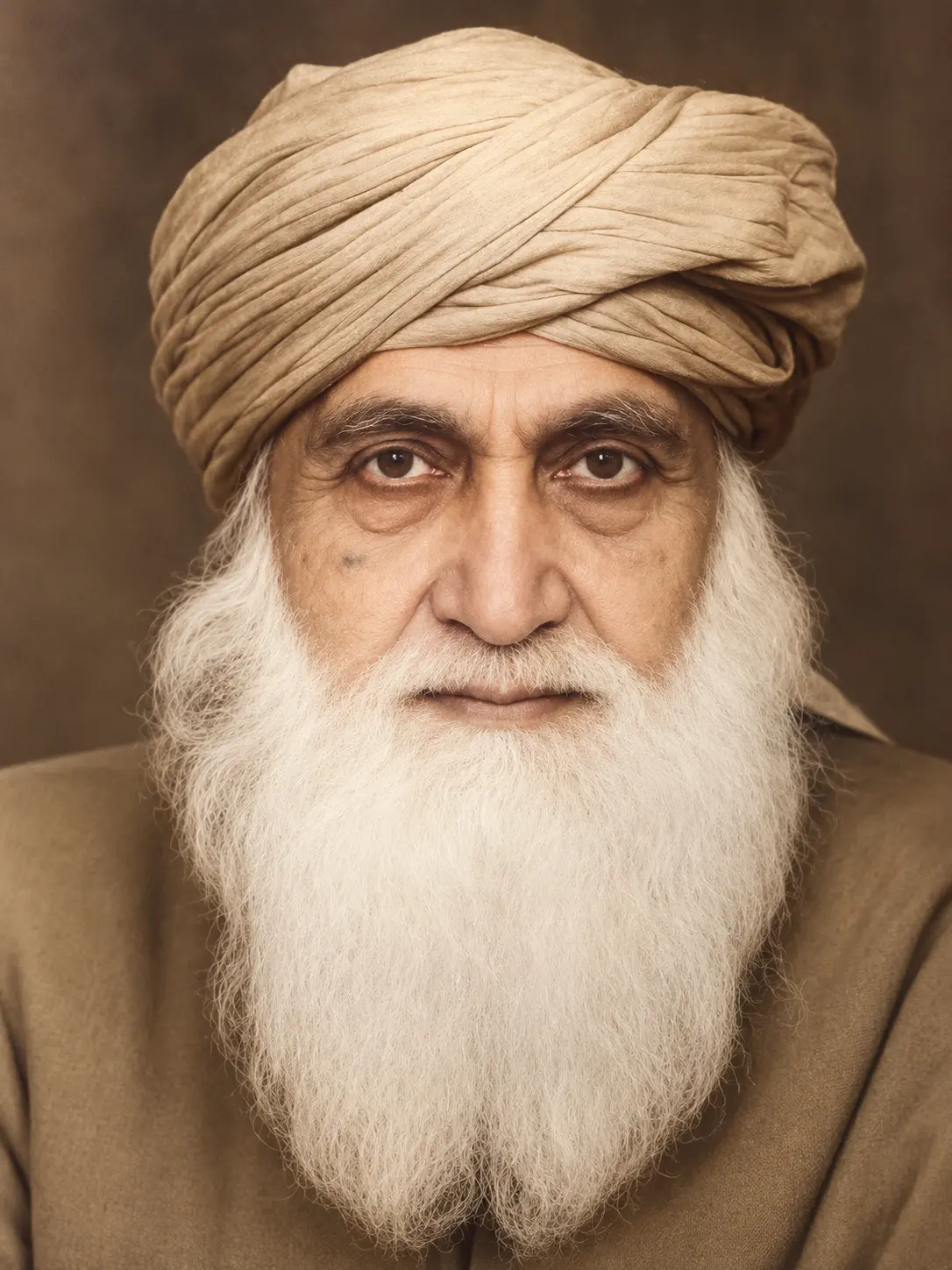 AI-generated impression: An elderly man with a long white beard wearing a wound cream turban and a plain olive-coloured garment, facing the camera against a plain brown backdrop, in sepia tones