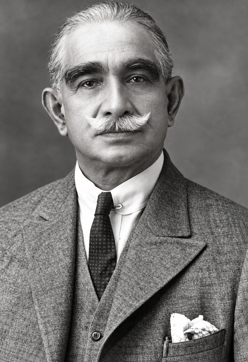 Black-and-white studio portrait of an older man, head and shoulders, with swept-back grey hair, heavy dark eyebrows and a full white handlebar moustache, wearing a tweed jacket over a waistcoat, a white shirt with a collar pin, a dark patterned tie and a patterned pocket square, against a plain grey backdrop