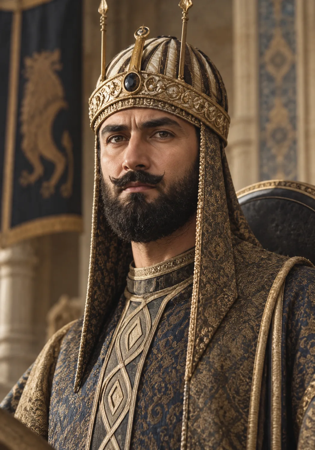 AI-generated impression of a bearded man with an upturned moustache, wearing a tall fluted gold crown set with a dark jewel and rising to two slender finials, a patterned cloth falling from it beside his face, and a robe of dark blue and gold brocade with a gold-embroidered collar; he is seated in a tiled interior with a carved chair back behind him and a dark hanging bearing a gold animal device