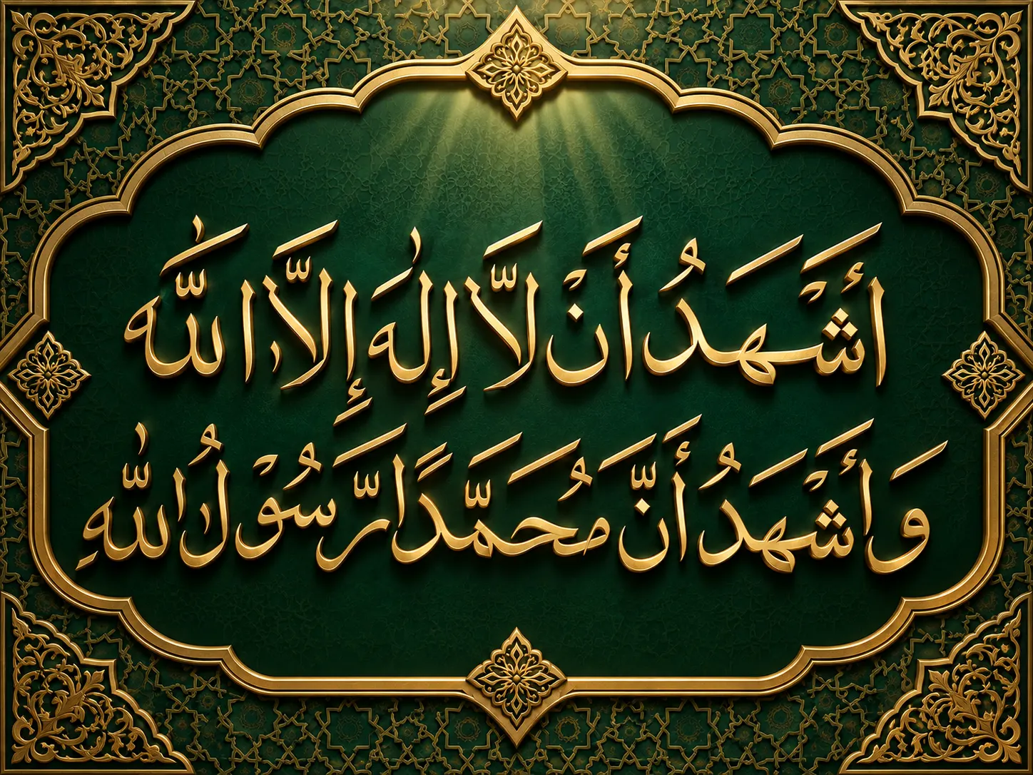 A calligraphic rendering of the Shahada, the Islamic declaration of faith, in gold on green