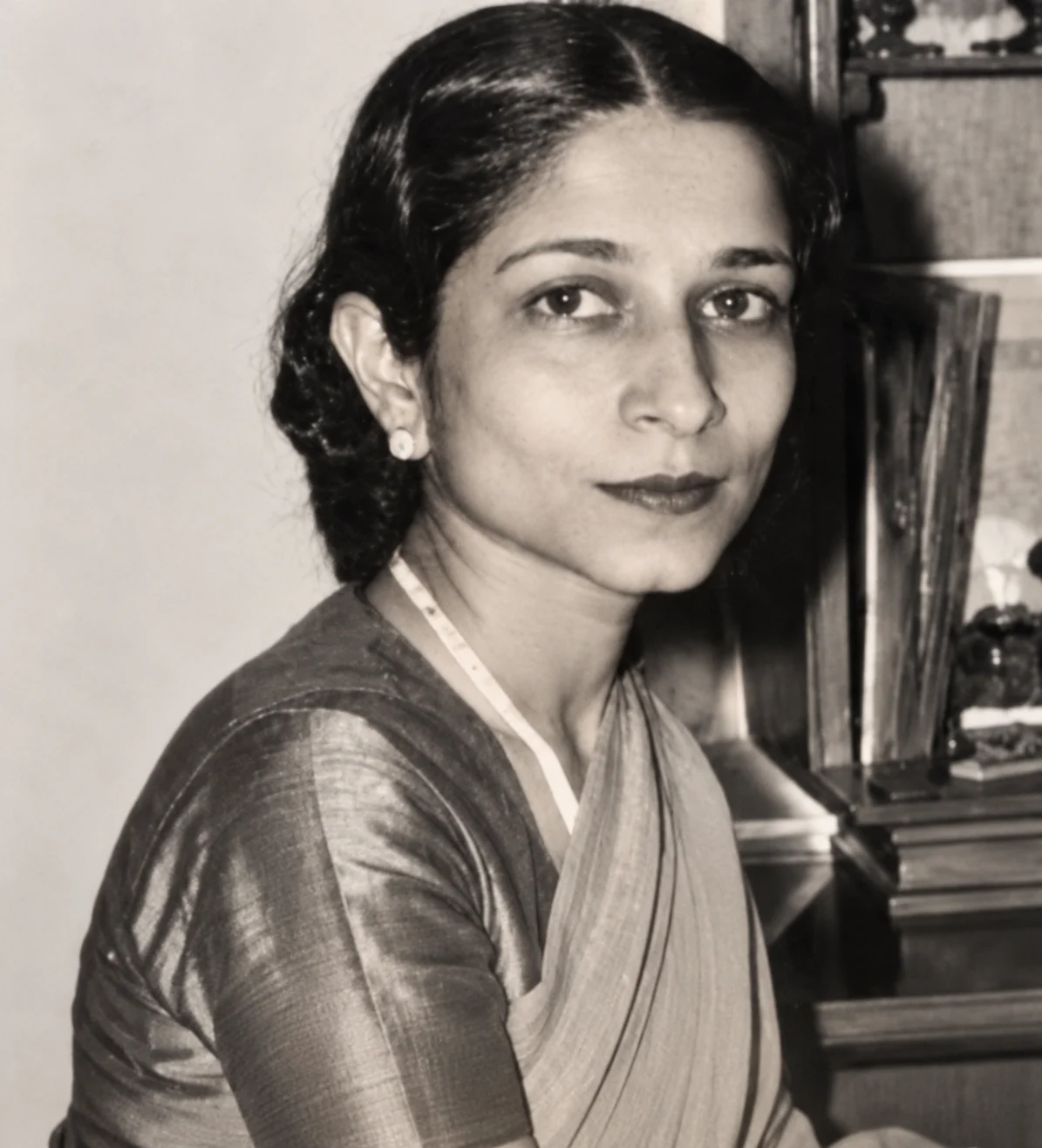 Sepia-toned photograph of a woman turning towards the camera, her dark hair centre-parted and drawn back, wearing a stud earring and a sari with the pallu draped over one shoulder, a wooden cabinet visible behind her at the right