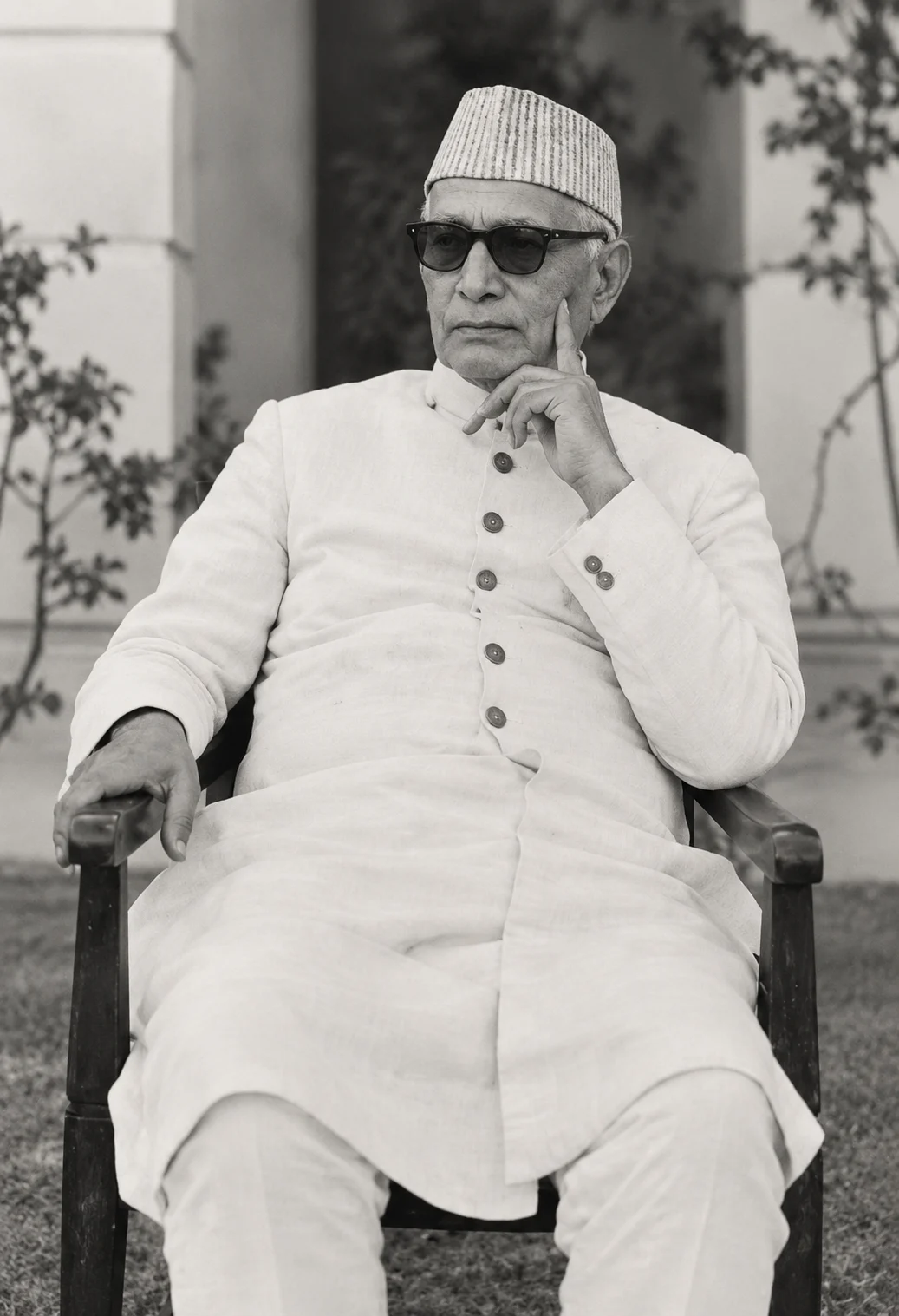 AI-generated impression: Black-and-white image of an elderly man seated in a wooden armchair on a lawn, wearing a ribbed white cap, dark sunglasses and a white closed-collar coat over white trousers, one hand resting on the chair arm and the other raised with a finger against his cheek, a pale colonnaded building behind him