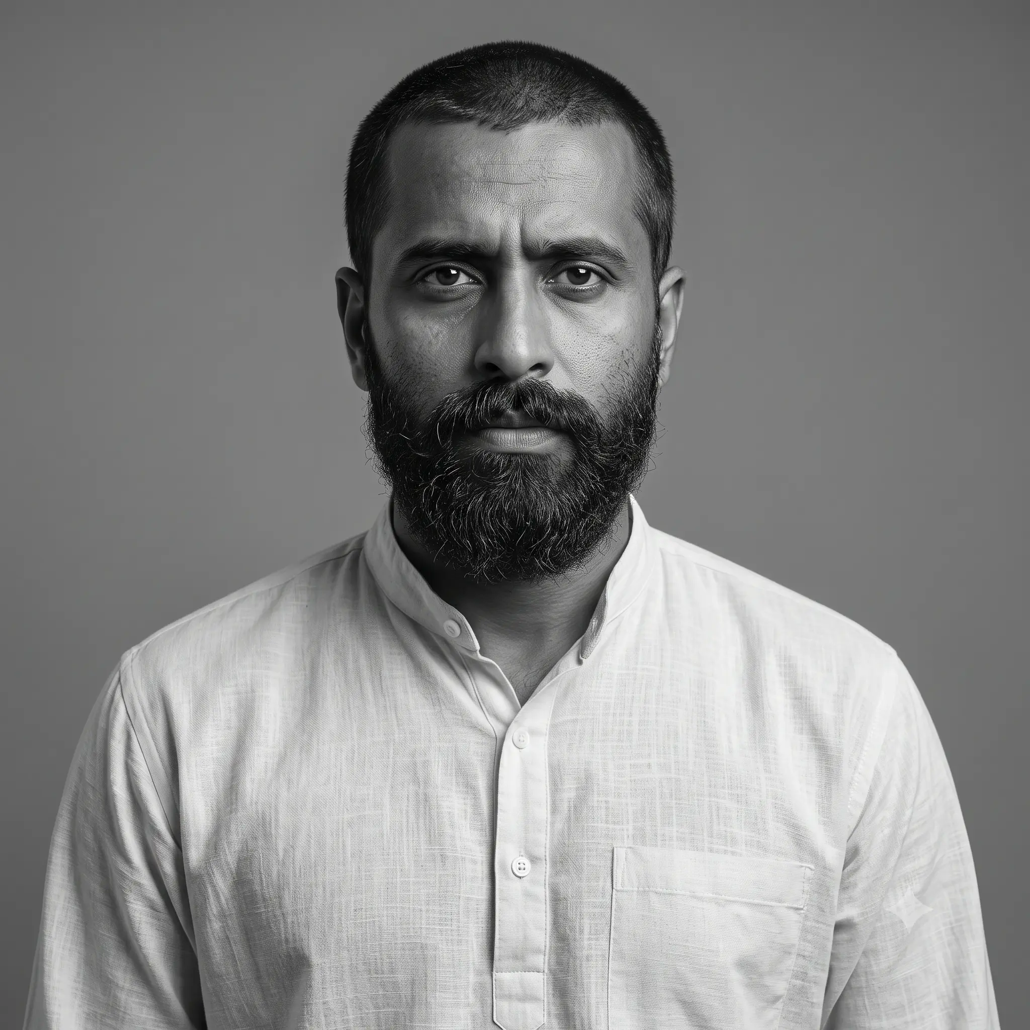 AI-generated impression: Portrait of Variyankunnath Kunjahammad Haji as a bearded man in a white collarless kurta, against a plain grey studio background